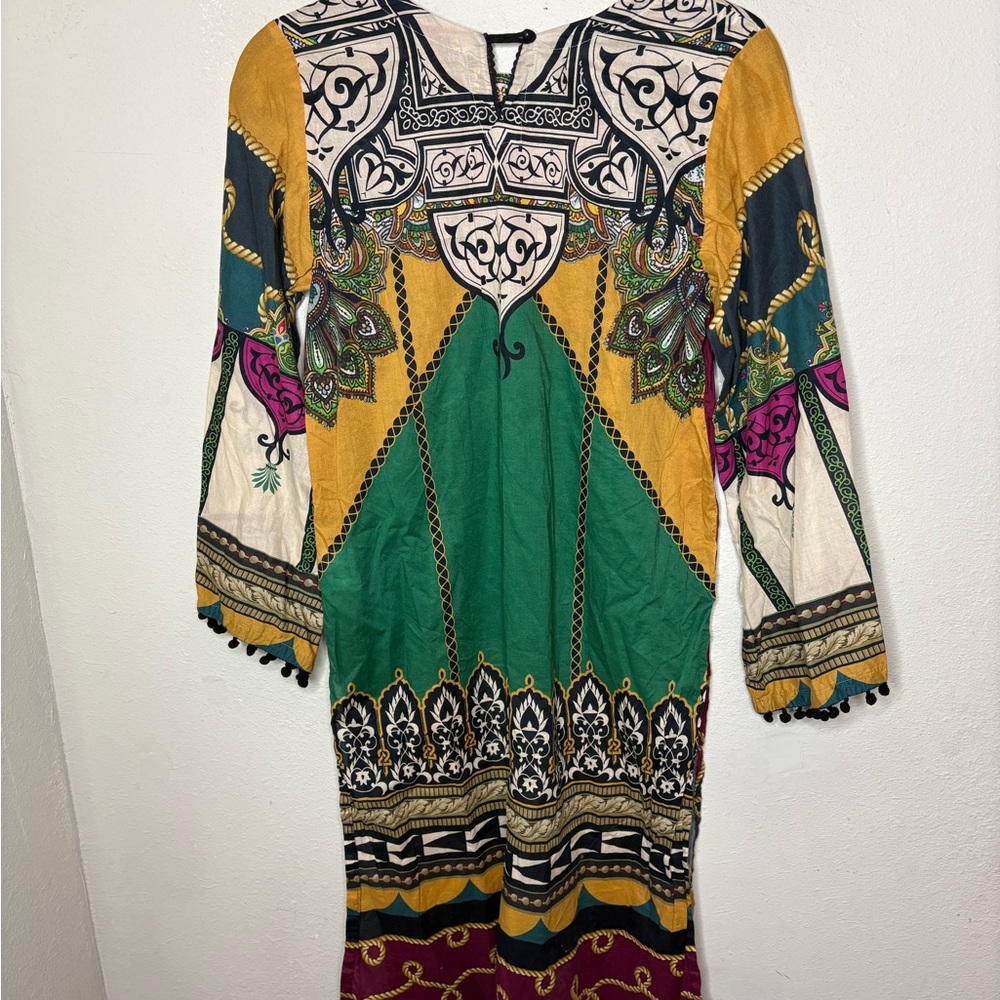 J. Pret Bohemian Floral Print Tunic Dress in Mustard, Teal & Burgundy Size Mediu - Picture 6 of 6